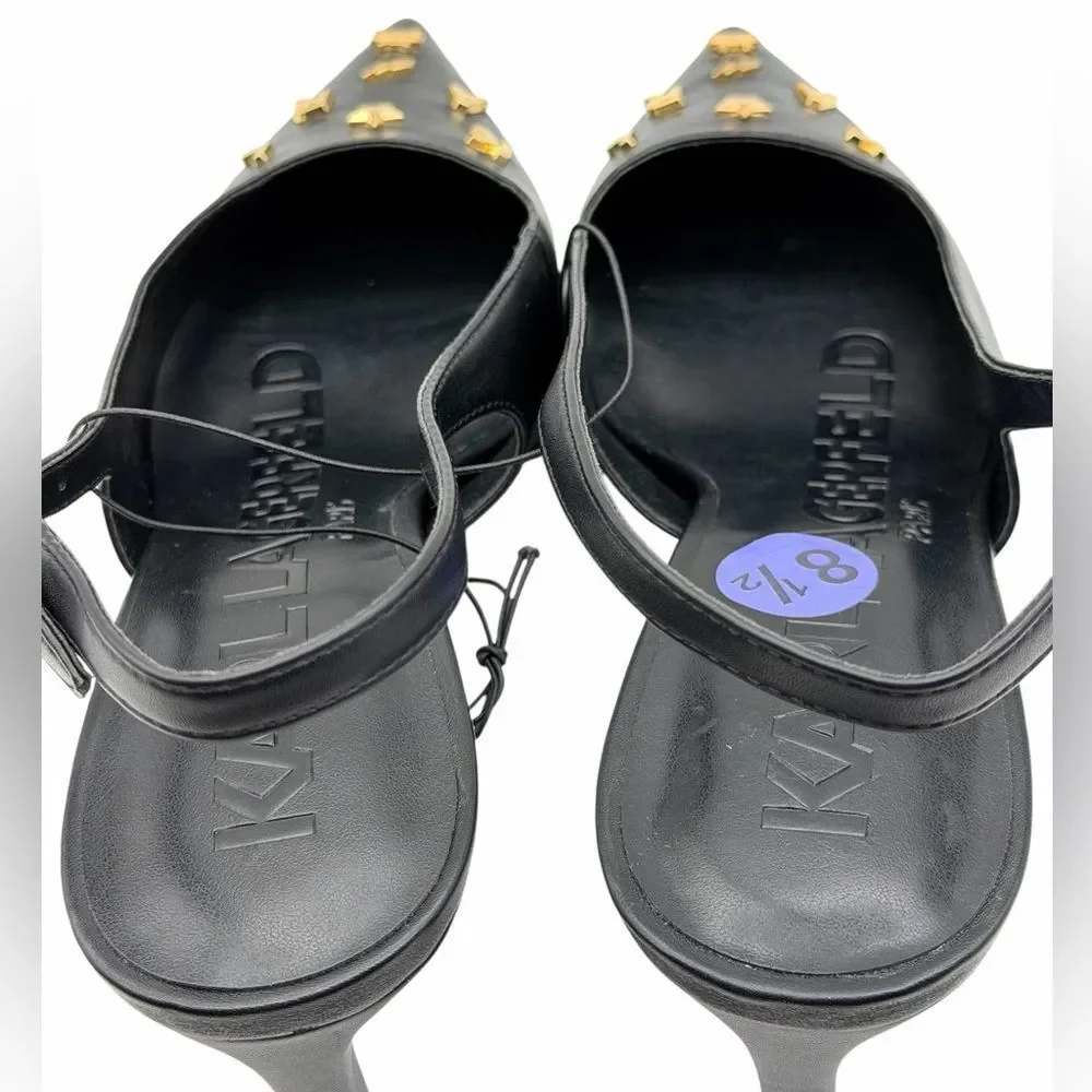 Karl Lagerfeld Paris Black Pointed Slingback Heels with Gold Logo Studs 8,5M